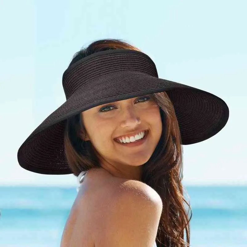 여성 여름 바이저 모자 Foldable 태양 모자 넓은 대형 브림 비치 밀짚 모자 Chapeau Lady Beach UV 보호 Caps G220301