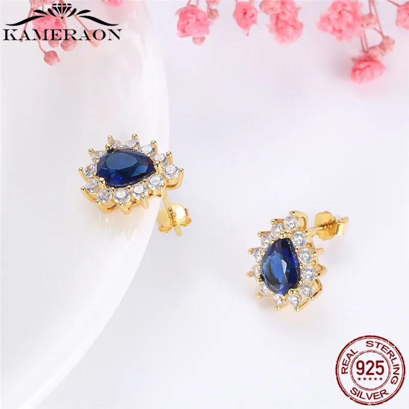 Pendientes de circón para mujer Plata de ley 925 CZ azul profundo Pendientes de botón exquisitos Joyería de boda