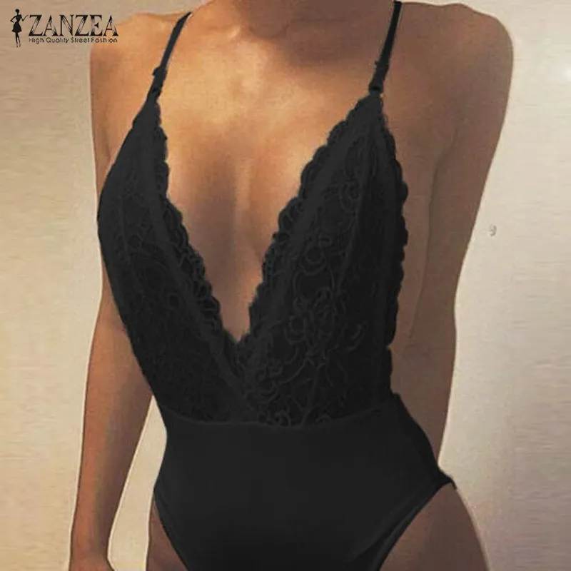 ZANZEA Summer Fashion Sexy Pagliaccetti Donna Tuta Profondo scollo a V senza maniche Spaghetti Strap Backless Tute Pizzo Solid Body T200116