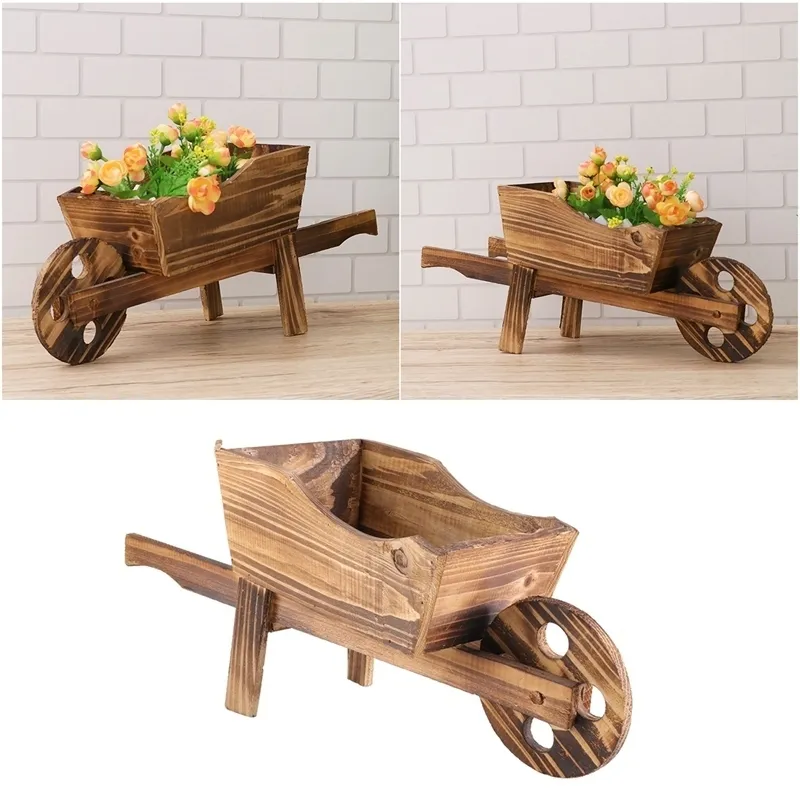 Chariot en bois Pot de fleurs Charnu Ornemental Creative Garden Shop Ménage Chambre Plantes Fleurs Brouette Planteur Pot Décor Y200709