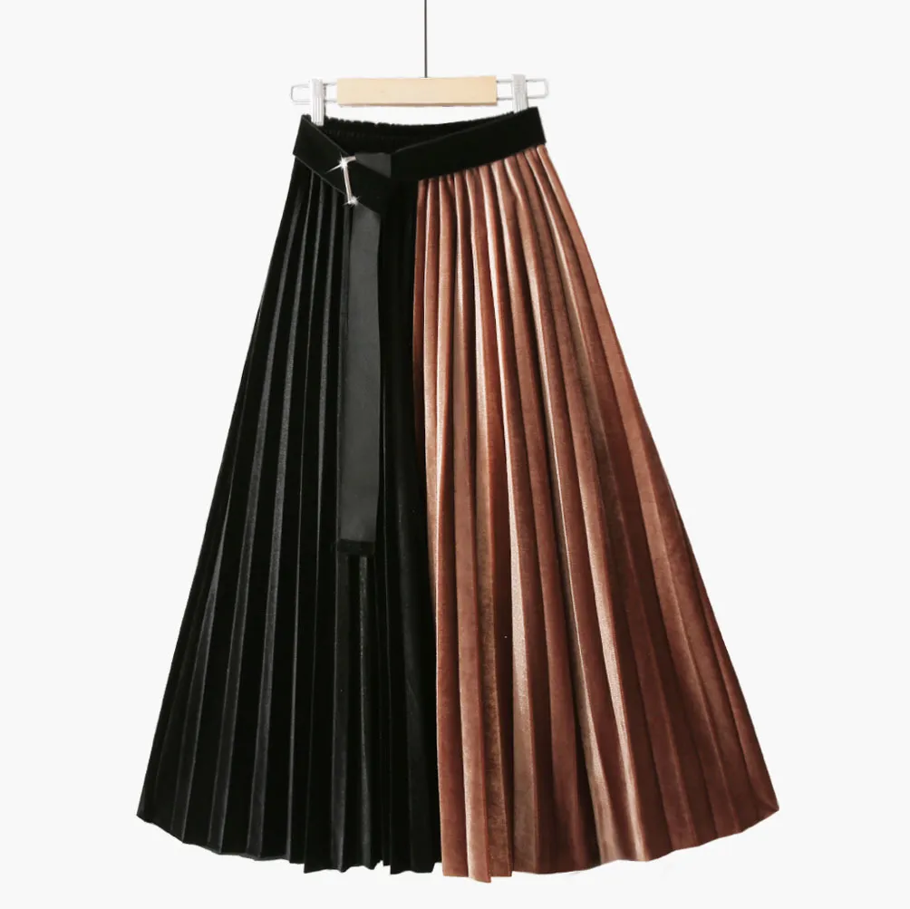 Höst och vinter med hög midja guld sammet veckad kjol sömmar tvåfärgade retro bältesbälte elastiska midja mellanlängd kjol y1214