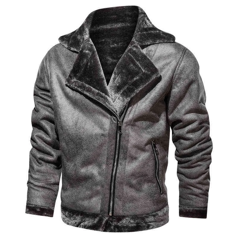 Chaqueta de vuelo para hombre, chaqueta de piel sintética con cuello de piel para hombre, abrigo Vintage negro y marrón para hombre, chaqueta Bomber gruesa de lana cálida para invierno, Parkas 211228