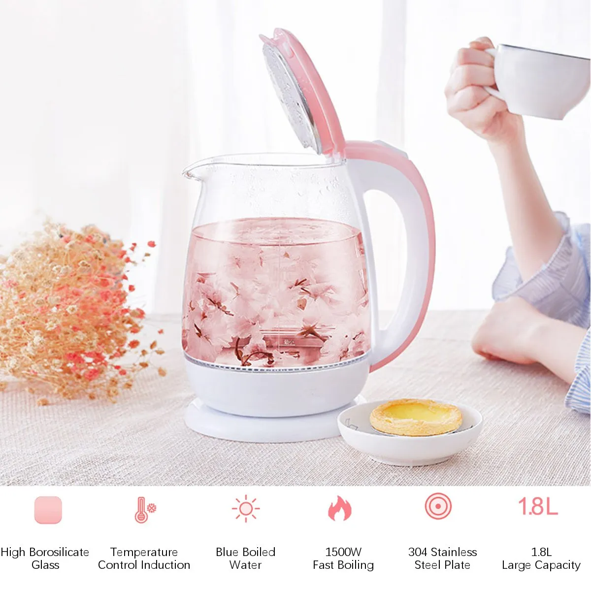 Pink 1 8L Glass Automatic Electric Water Kettle 1500W Water Heater Boiling Tea Pot Kitchen Appliance Temperature Control264C