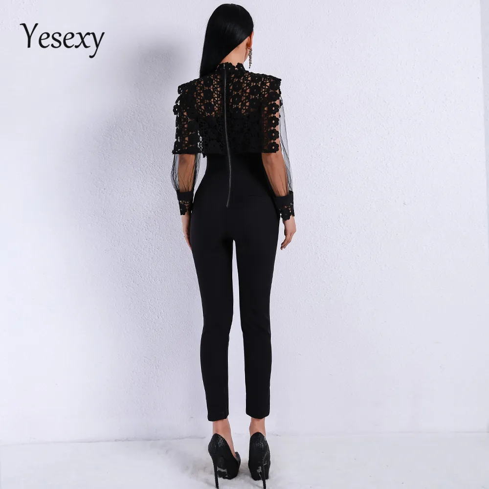 Yesexy 2020 Autumn Sexy Long Sleeve vrouwen overalls Lace Zie door Mesh Hollow Out Solid Color Rompers Women Jumpsuit VR9079 T200701