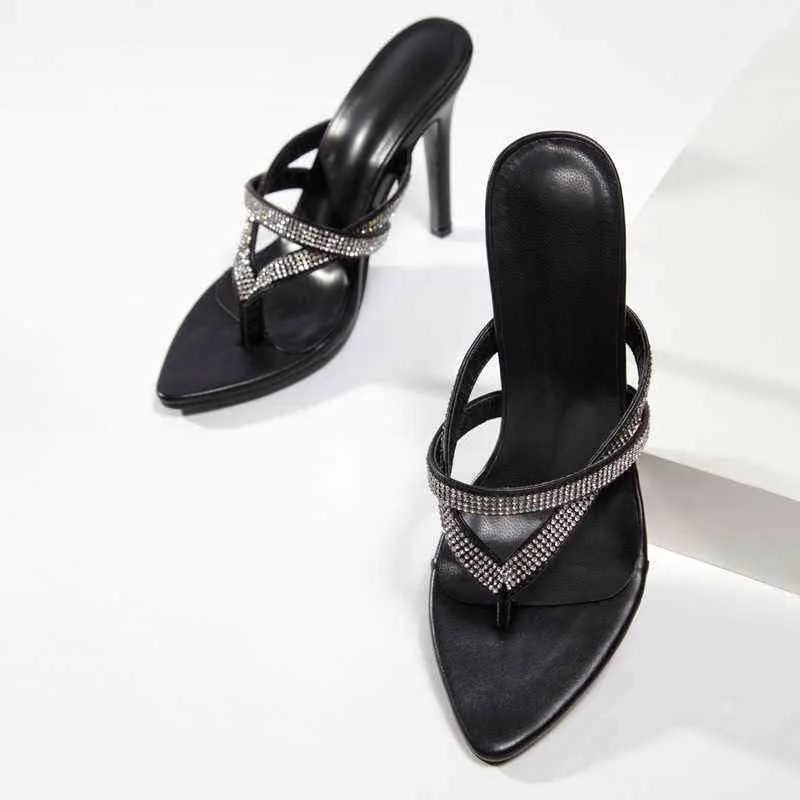 Sandalen Damen Sommer Römische Diamanten besetzte einseitige Gürtelpantoffeln Mode hochhackige Sandalen