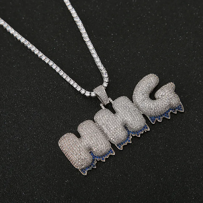 Nombre personalizado Fondo azul Letras colgantes Collares Zircon Hip Hop Joyería con oro Plata 24 pulgadas Cuerda Chain226C