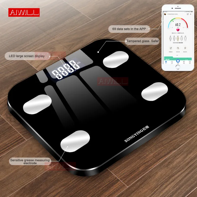 AIWILL Básculas de pesaje inteligentes electrónicas Baño Grasa corporal bmi Báscula Peso humano digital Mi Básculas Piso pantalla lcd Regalo de salud Y200106