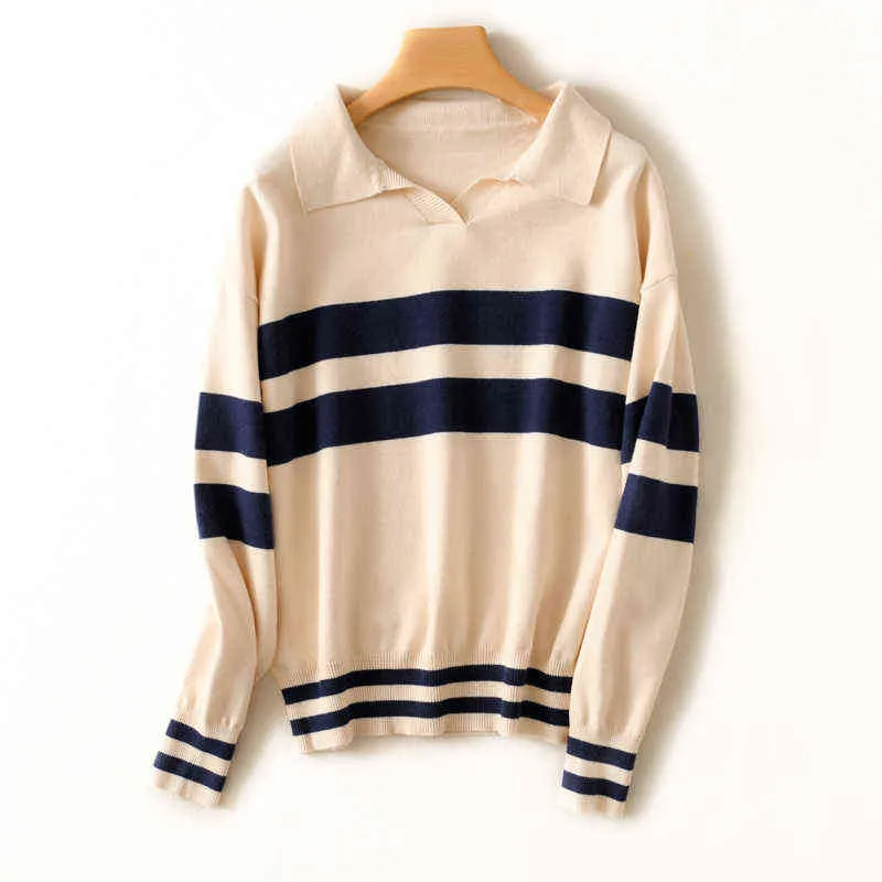 GCAROL Herbst-Winter-Pullover mit Umlegekragen und Streifen, 30 % Wolle, hübscher, warmer, kurzer gestrickter Jersey, hautfreundlicher, weicher Polo-Pullover 211221