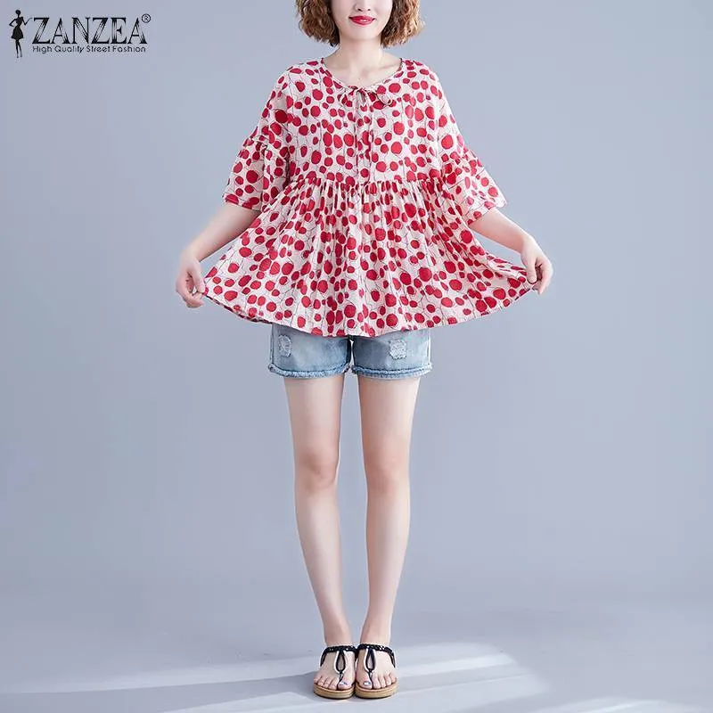 2019 Fashion Polka Dot Print Shirt Women's Summer Blouse Casual Short Sleeve Blusas Female O Neck Tunic Plus Size Chemise T200321
