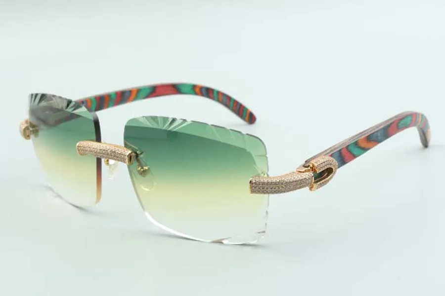 2021 Новейшие стильные солнцезащитные очки с дужками из павлиньего дерева 3524020, режущие линзы, очки с микропавировкой и бриллиантами, размер 58-18-135 мм2490