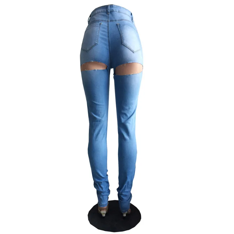 Sexy Street Plus Size High Waist Butt Ripped Jeans For Women Skinny Push up Jeans Ass Hole Big Hips Jean Woman Pencil Denim Pant 201105