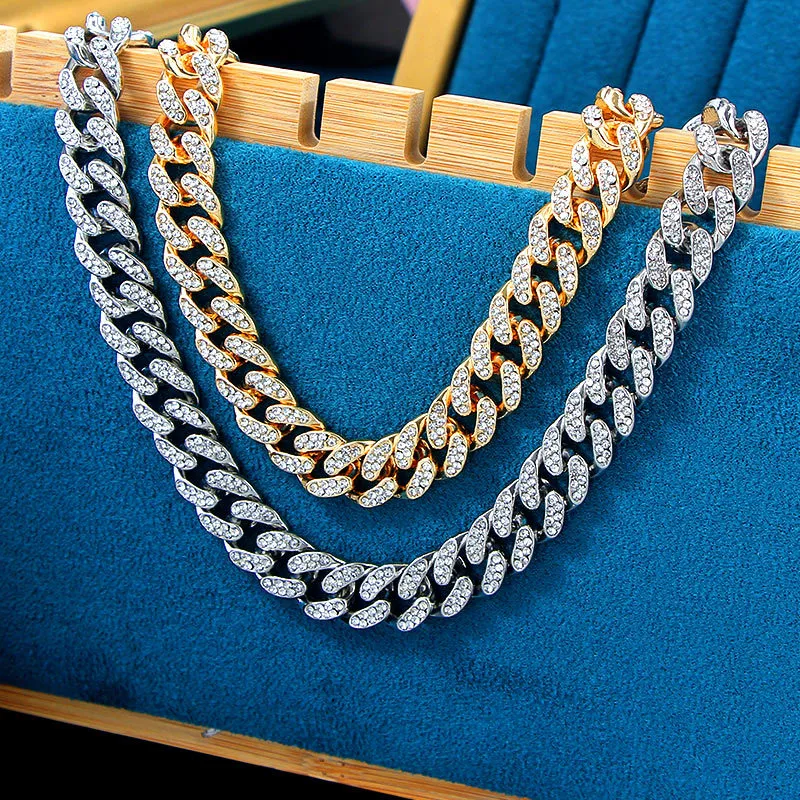 Flatfoosie Gold Silber Farbe Iced Out Strass Halsband Halskette Frauen Bling Cuban Link Kette Kristall Halskette Hip Hop Schmuck 092294T