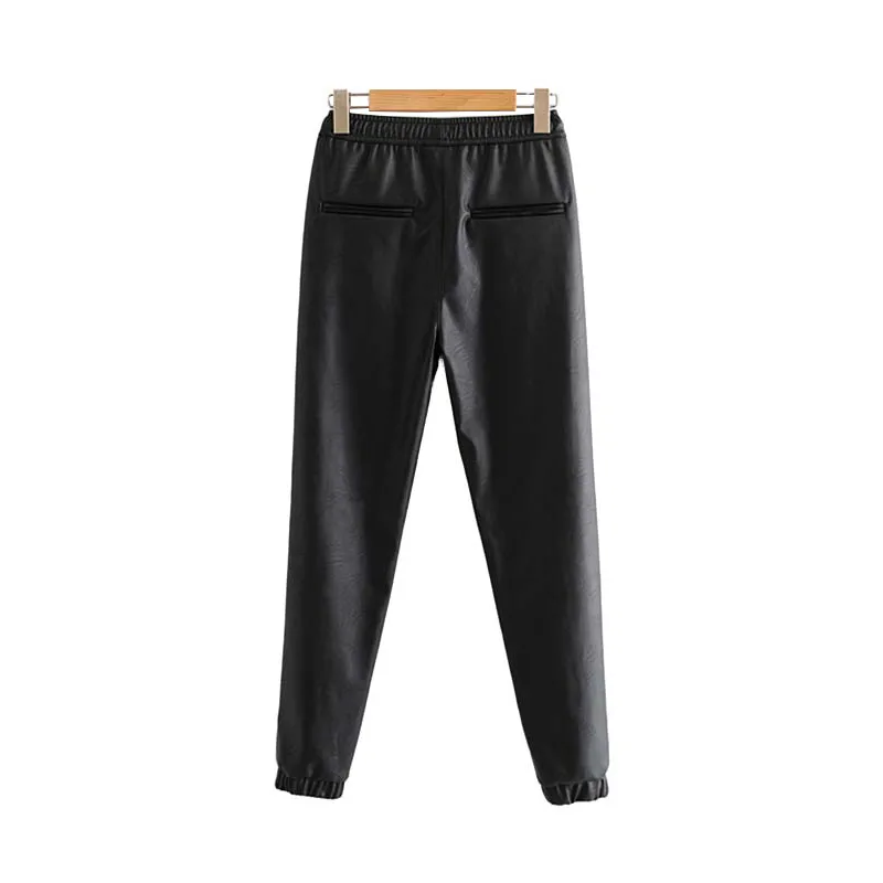 Élégant Pu Cuir Poches Pantalon Vintage Femmes 2020 Mode Taille élastique Cordon Cravate Cheville Pantalon Pantalones Mujer T200324