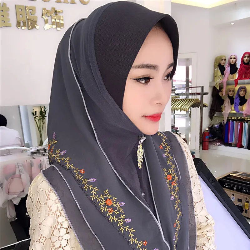 Fblusclurs Hijab Musulmano Chiffon ricamo Malesia istante conveniente Muslima Scialle testa indossare sciarpa turbante fascia 200930213P6657378