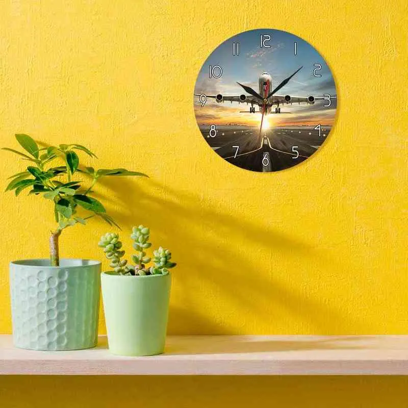 Huge Two Storeys Commercial Jetliner Wall Clock Commercial Airplane Taking of Runway in Dramatic Sunset Light Modern Home Decor H1230