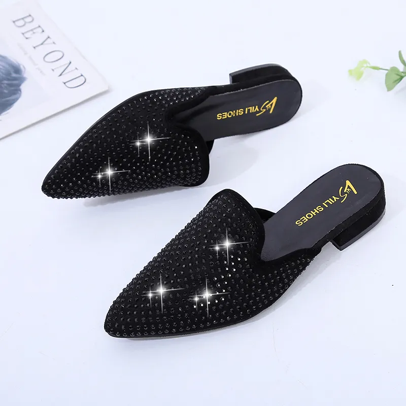 Mules Slipper Chaussures Femme Mules Mode Cristal Bling Chaussure Carré Talons Bas Chaussures Élégantes Femme Pantoufle Casual Chaussures Y200423