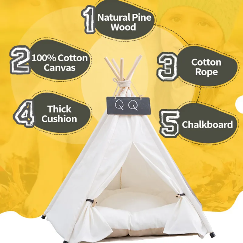 Pet Cat Dog Tipi avec Coussin Blackboard, Portable Dog Tents Pet Houses, Wood Canvas Tipi Fold Pet Tent Small Animals Bed 201130