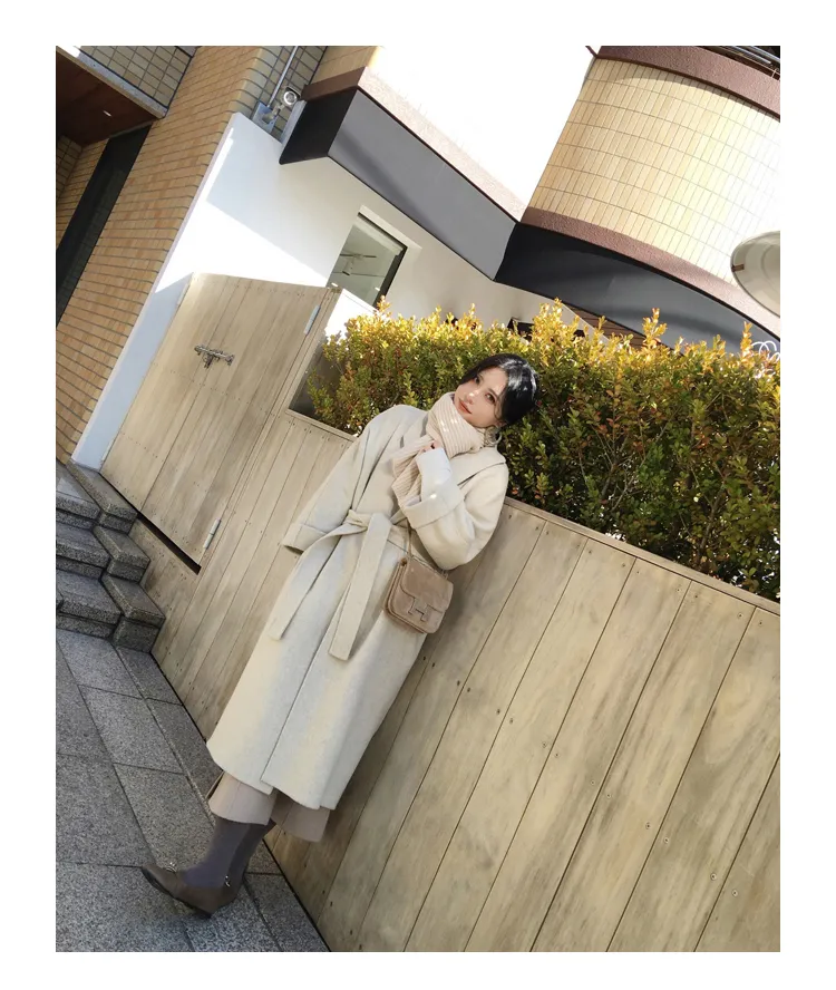 女性冬のエレガントな包帯ウールブレンド女性ファッション長いカーディガンコートウールオーバーコート特大のアウトウェア卸売OEM T200814