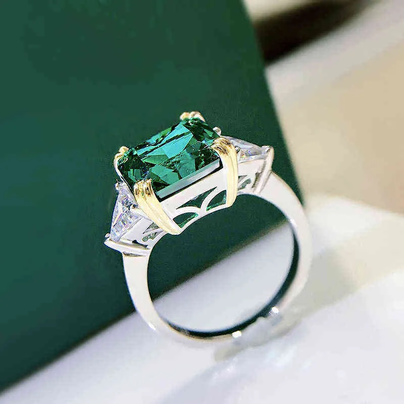 OEVAS 100% 925 Sterling Silver 10 * 10mm Emerald Wysokie Diamentowe Pierścienie Diamond Dla Kobiet Wedding Fine Jewelry Hurtownie Prezent 220209