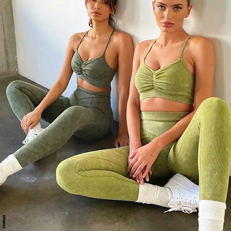 1/2 / Côtelé Lavé Sans Couture Yoga Ensemble Crop Top Femmes Chemise Leggings Outfit Workout Fitness Wear Gym Suit Sport Ensembles Vêtements 220210