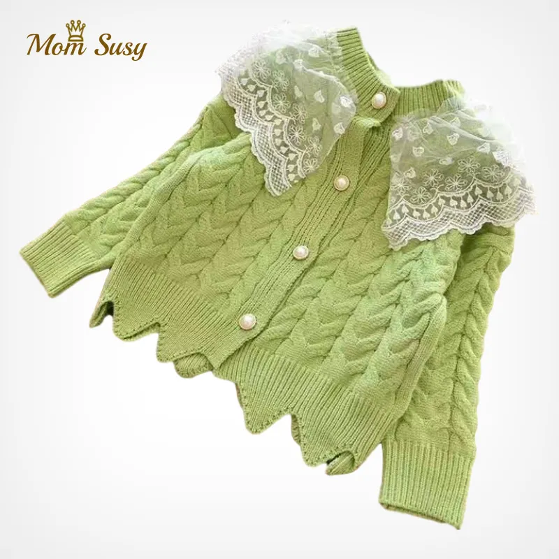 Baby Girls Sweater Cardigan spets krage pärlknapp