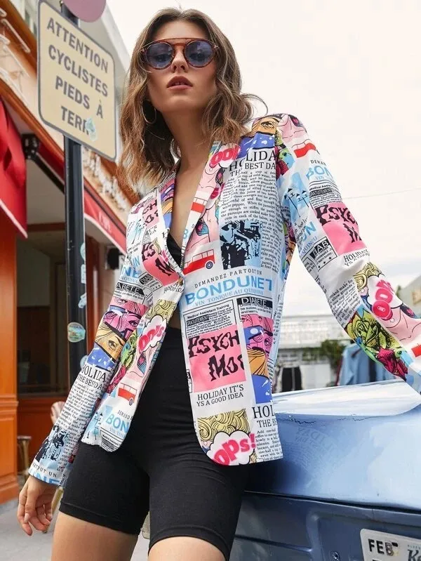 Amerika Stilvolle Vintage Papier Druck Streetwear Damen Blazer Mantel Plus Größe 2020 Herbst Neue Mode Jacke Lose Elegante Dame LJ201021