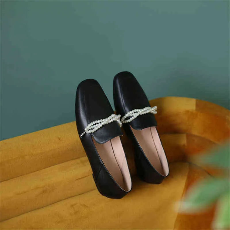 Women's Leather Boots Flat Shoes with Shoelaces and Square Head Spring Autumn Black 220209