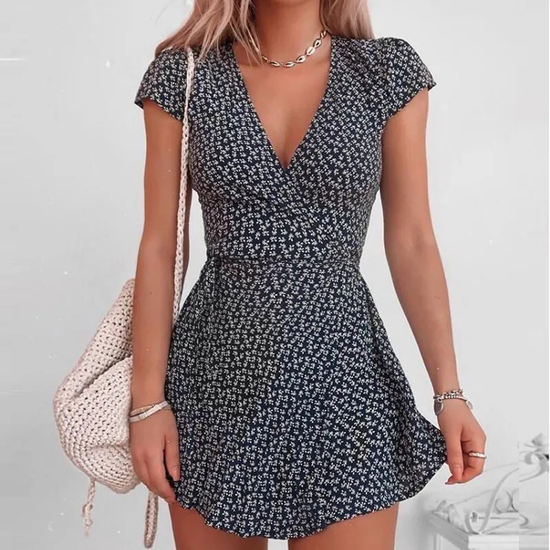 Elegante Vintage Bloemenprint Mini Jurk Vrouwen 2021 Zomer V-hals A-lijn Feestjurk Vrouwelijke Korte Mouw Strand Jurken Vestidos y0118