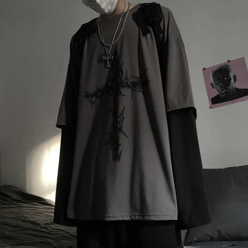 QWEEK Gothic Style Tshirt Mall Tops Punk Long Sleeve Oversized T-shirt Fake Two-piece Street Fashion Korean 220114