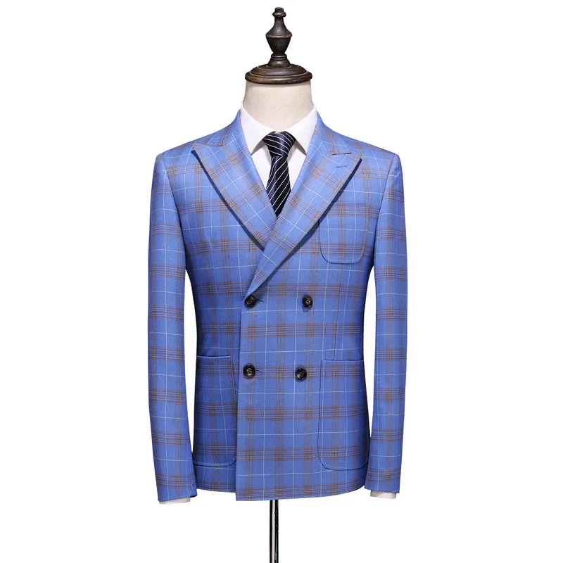 Costume à carreaux à double boutonnage pour hommes Bleu clair Costumes pour hommes Designers Terno Slim Fit Masculino Groom Costume de mariage Homme 201106