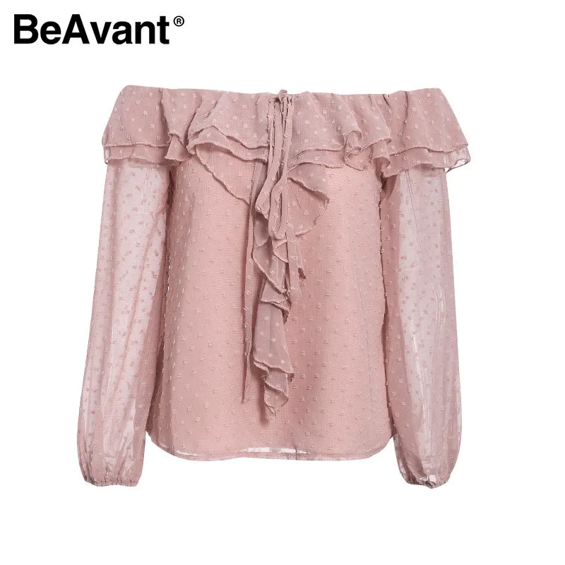 BeAvant Polka Dot Spring Summer Blouses and Shirts Women Long Sleeve Fashion Ruffles Casual Top Blouse Off Shoulder Sexy Blusas T200321