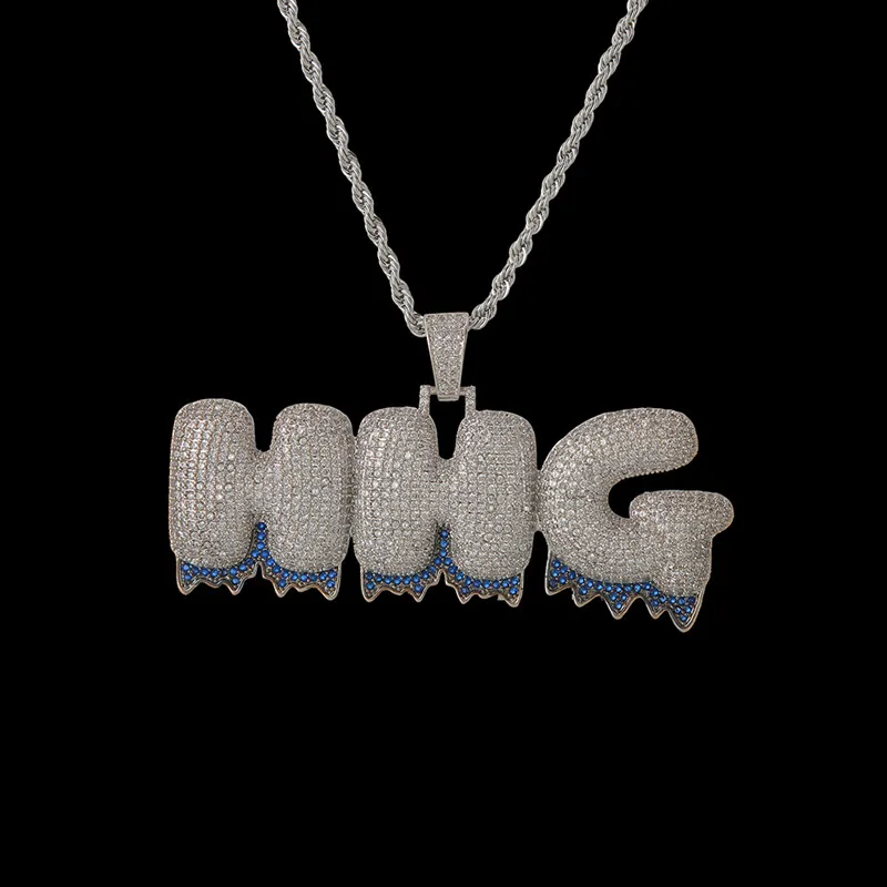 Подвески с буквами на заказ с синим дном, ожерелья с цирконием, ювелирные изделия в стиле хип-хоп с золотым серебром, 24 дюйма, веревочная цепочка279C
