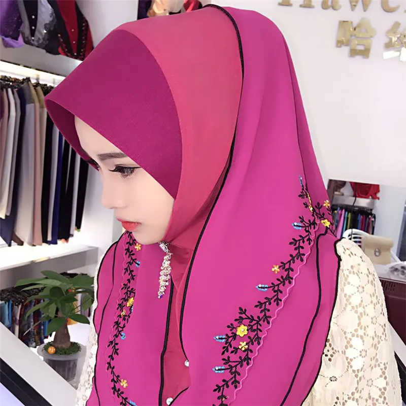 Fblusclurs musulman Hijab mousseline de soie broderie Malaisie instantanée pratique Muslima châle tête porter écharpe turban bandeau 200930213P3301605