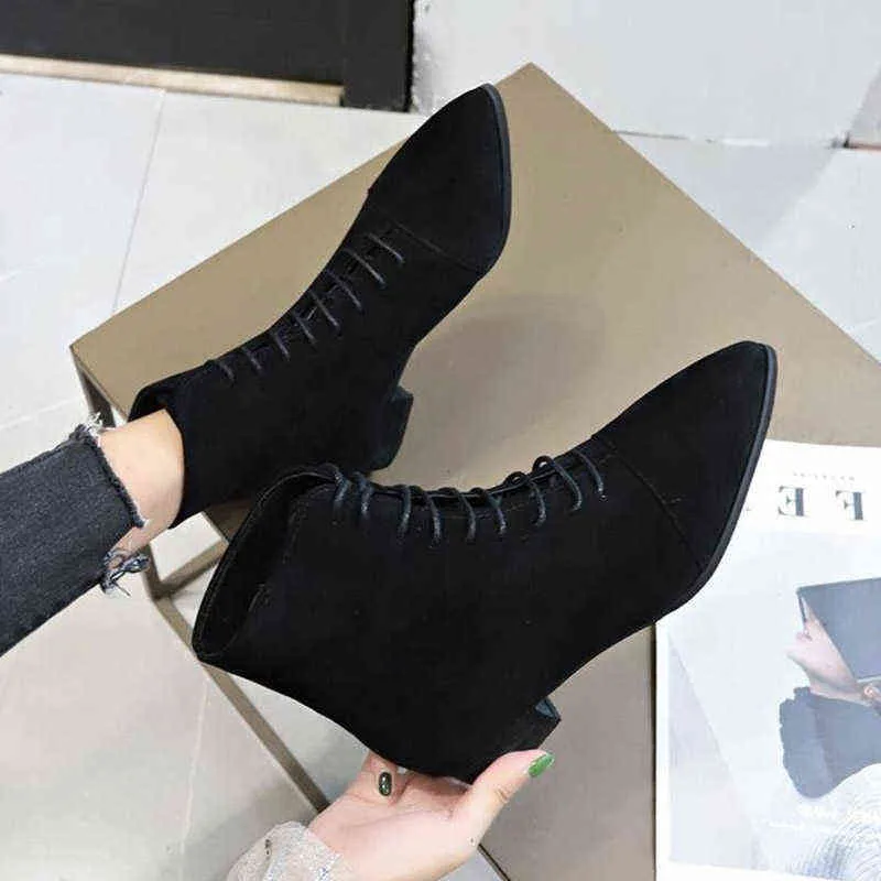 Dress Shoes Autumn Women Pointed Toe Ankle Boots Lace Up Flock Flat Boot Low Heels Booties Ladies Shoes Black botas mujer Spring 8702N 220309