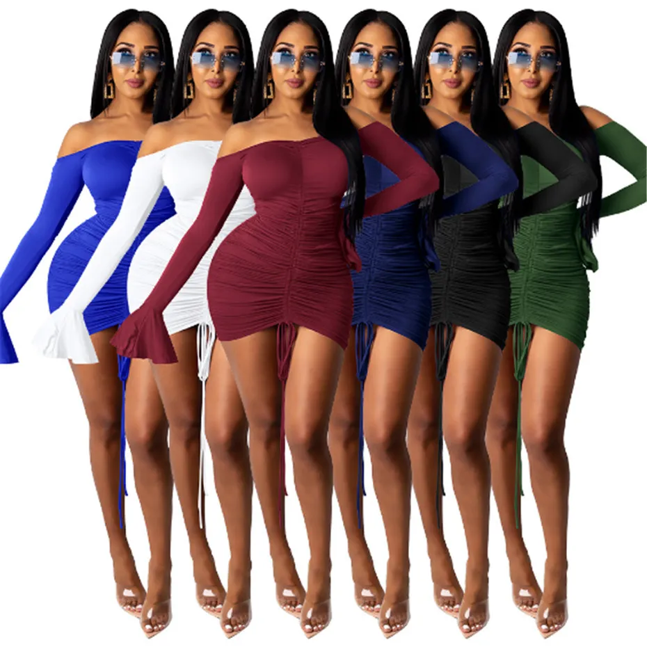 Womens Jurken Sexy Bodycon Kleding Een Stuk Rok Hoge Kwaliteit Elegante Luxe Mode Trekkoord Lange Mouwen Effen K6588