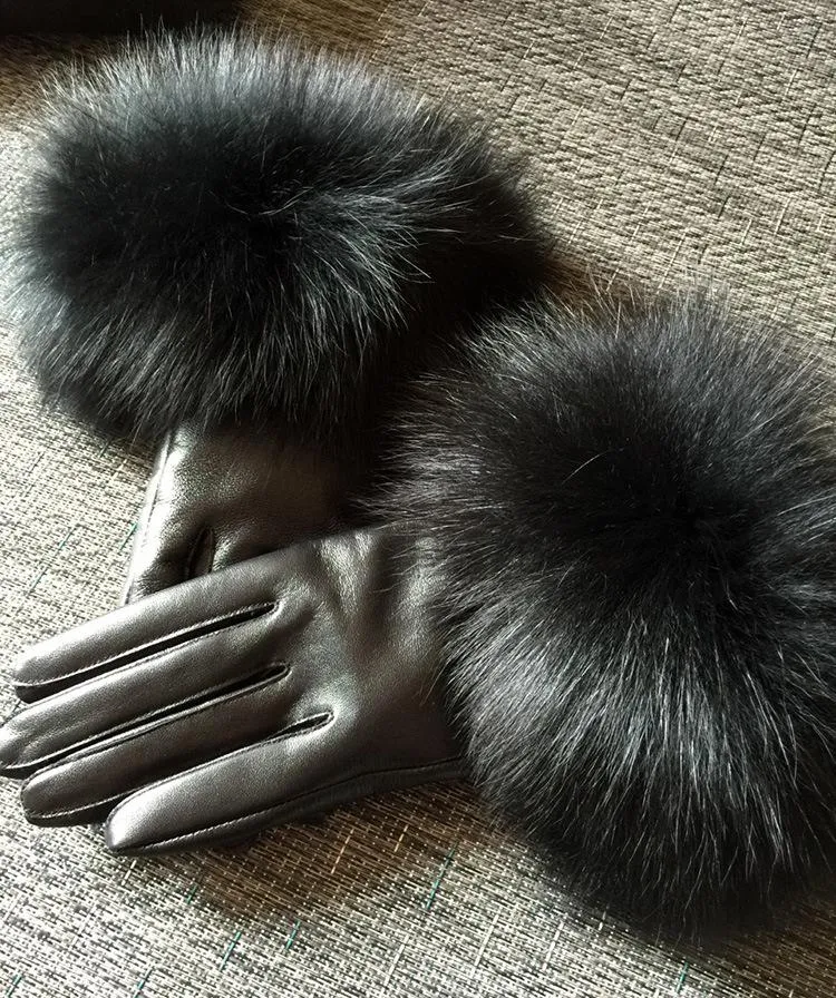 Five Fingers Gloves Maylofuer Genuine Sheepskin Leather Touch Screen Hair Cuffs Women Warm In Winter Black280z