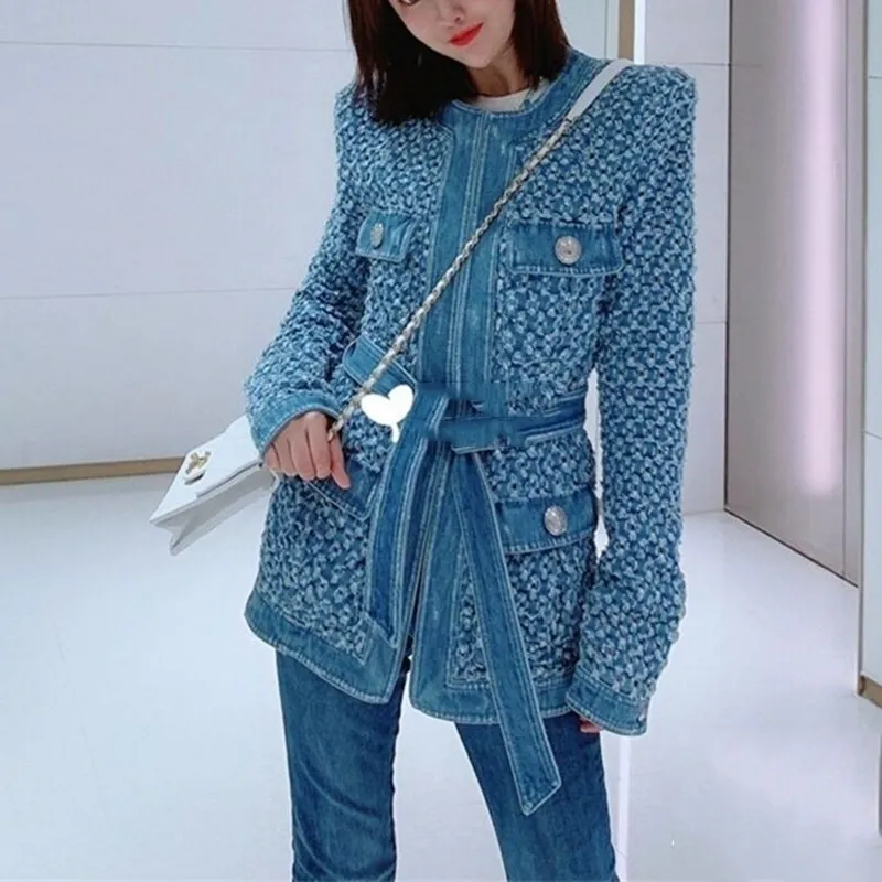 Jaqueta de denim azul vintage com cinto cintura rasgado furo mulheres casaco 2019 outono bolsos de manga longa streetwear novo T200319