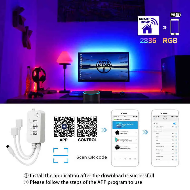 Bluetooth WiFi LED şerit ışıkları RGB 5050 2835 Esnek şerit su geçirmez LED ışık şeridi 5m 10m 15m 20m 25m 30m DC 12V Kontrol W22220s