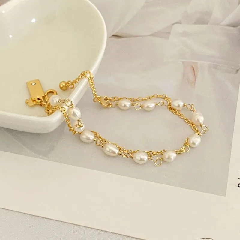 Мода натуральная жемчужная золотая цепь двухслойных браслетов ювелирные изделия свадебные аксессуары пара браслетов CX220302
