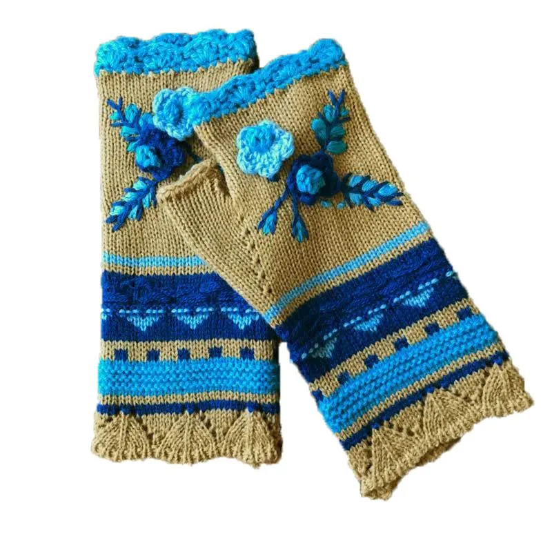 5本の指の手袋編み長い手の女性の温かい刺繍腕ウォーマーkawaii冬フィンガーレスタッチスクリーンガール屋外12970