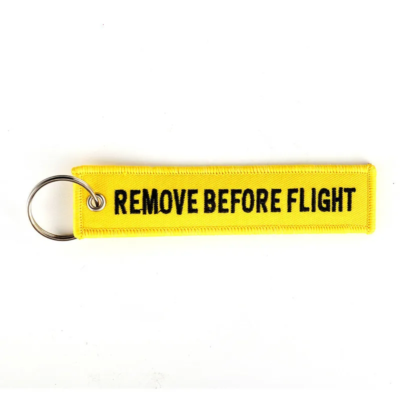 5 Teile/los Remove Before Flight Follow Me Gelb Schlüsselbund Schmuck Stickerei Sicherheit Llavero Mode Sleutelhanger3656612