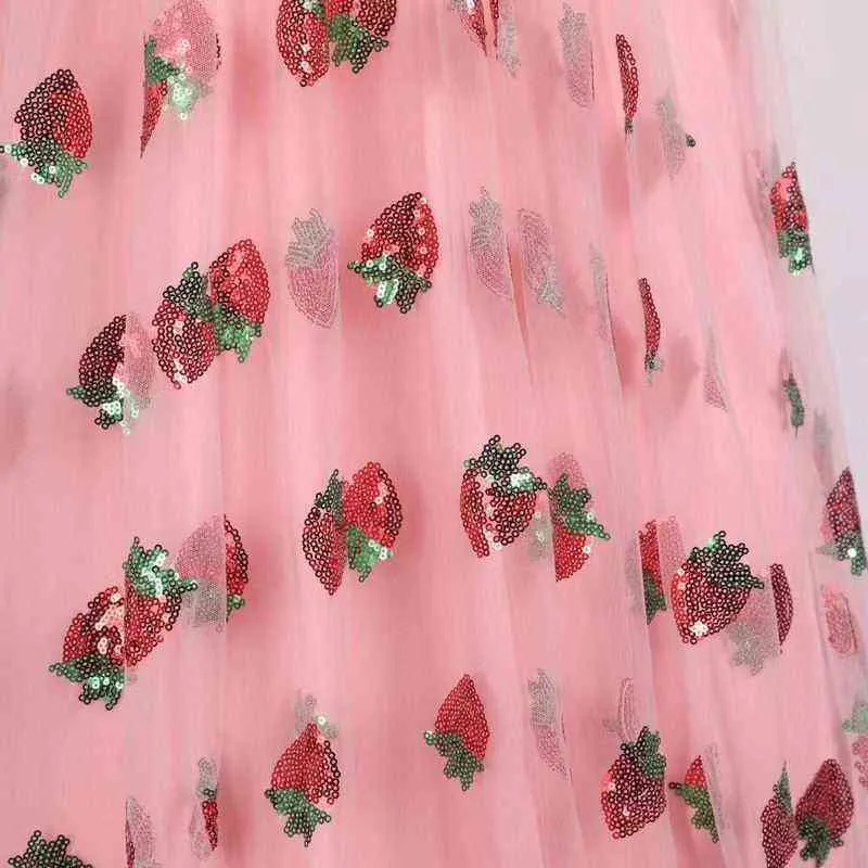 Strawberry Dres Abiti alla moda Deep V Manicotto a sbuffo Sweet Voile Mesh Paillettes Ricamo Abbigliamento da festa francese 4XL 5XL 220125