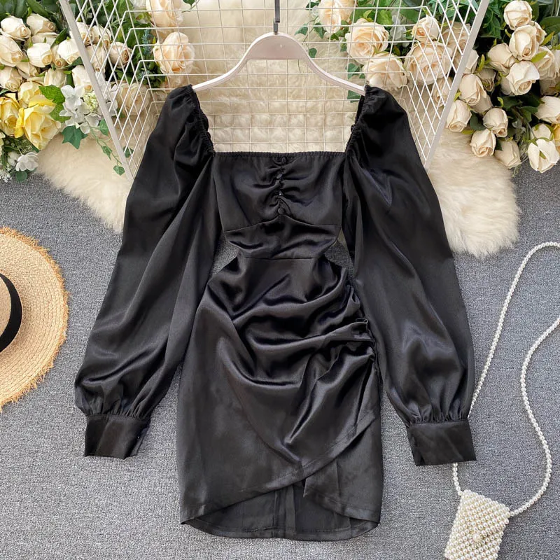 Spring Autumn Women's Satin Dress Retro Black Square Neck 2020 New Long Sleeve Mini Vestidos Female GD580 X0521