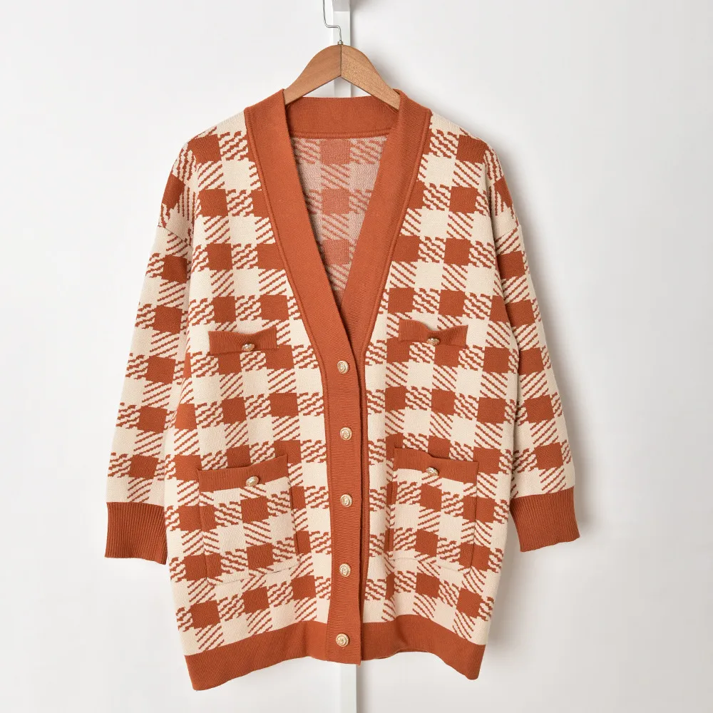 2021 Lente Lange Mouw V-hals Houndstooth Gebreide Pockets Paneled Single-Breasted Sweater Dames Mode Vest Sweaters J23161120