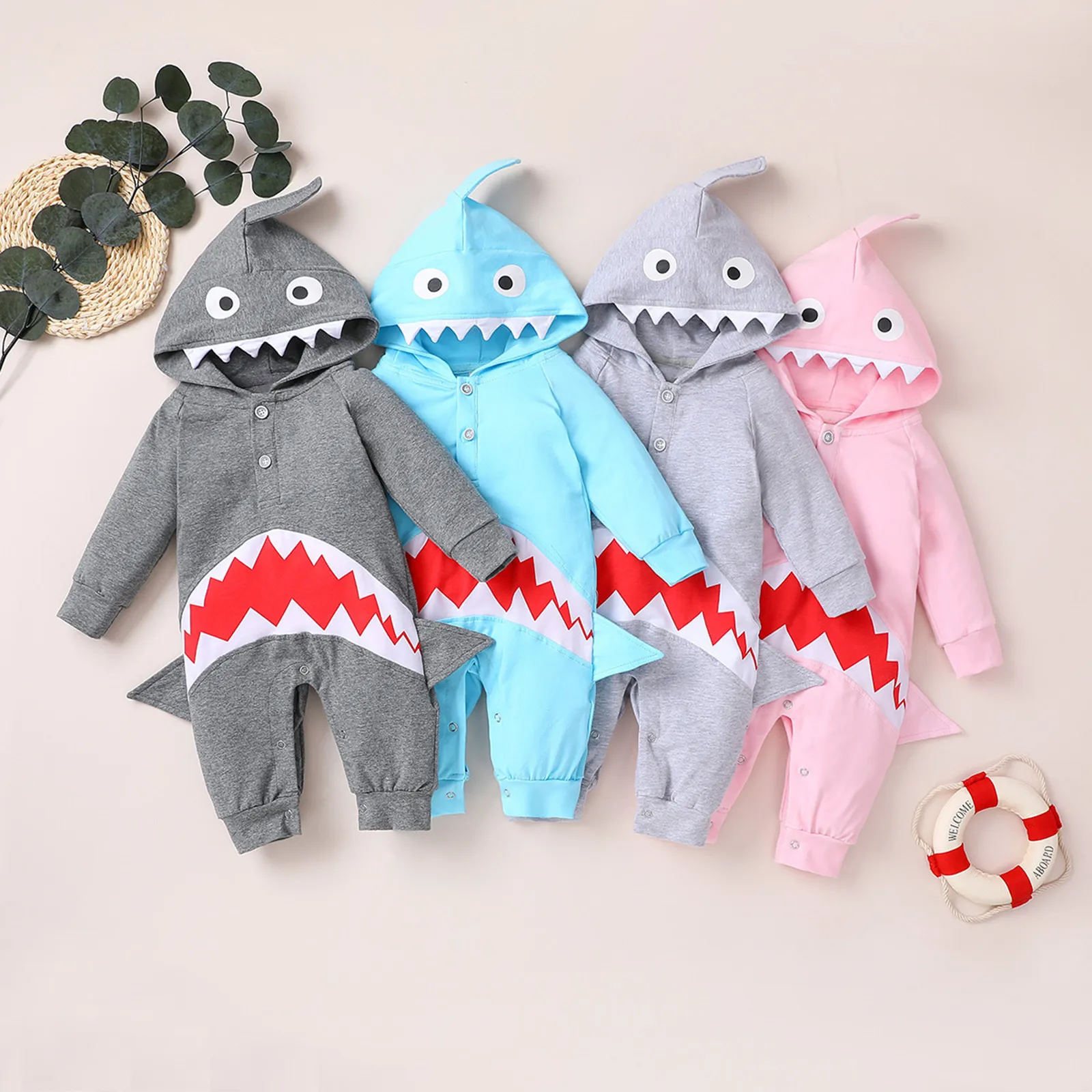 Neugeborenen Baby Jungen Mädchen Langarm Tier Shark Kapuzen Strampler Overall kinder kleidung mädchen jungen ropa bebe Q11119732494