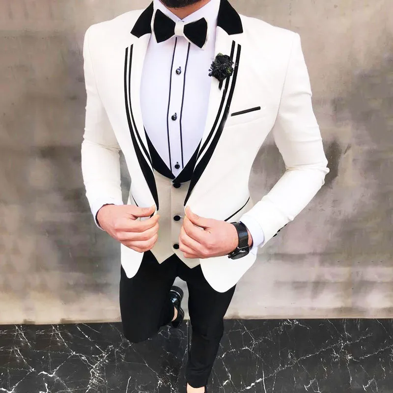 Dernières Manteaux Pantalons Designs Costumes Blancs Pour Hommes De Mariage Slim Fit Costume Formel Hommes Groom Tuxedo Peaked Prom Costume Homme Mariage 201105