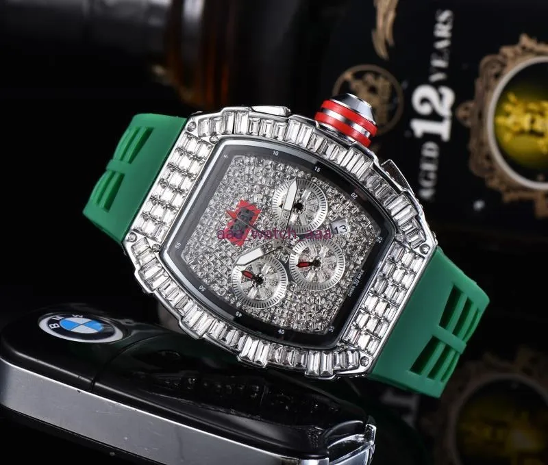 2021 3A Men Fashion Sport Watch Shinning Watches Stainless Steel Diamond Iced Watches All Dial Work Chronograph Rubber Strap R-mal273z