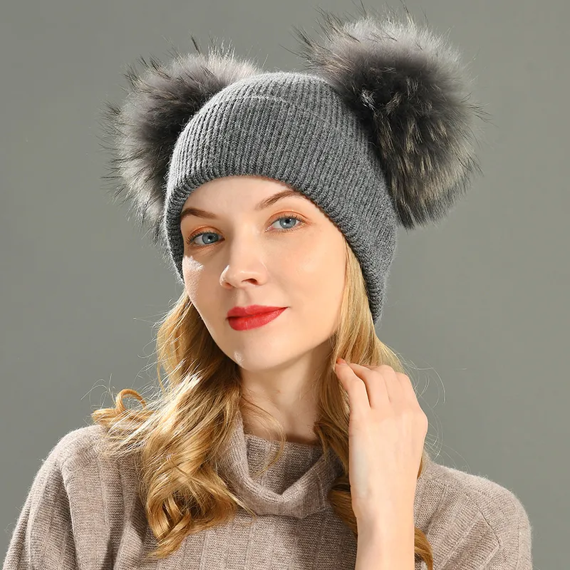 Double vraie fourrure Pom Pom chapeau femmes casquettes d'hiver tricoté laine chapeaux Skullies bonnets filles femme naturel deux fourrure PomPom Beanie chapeau 20223p