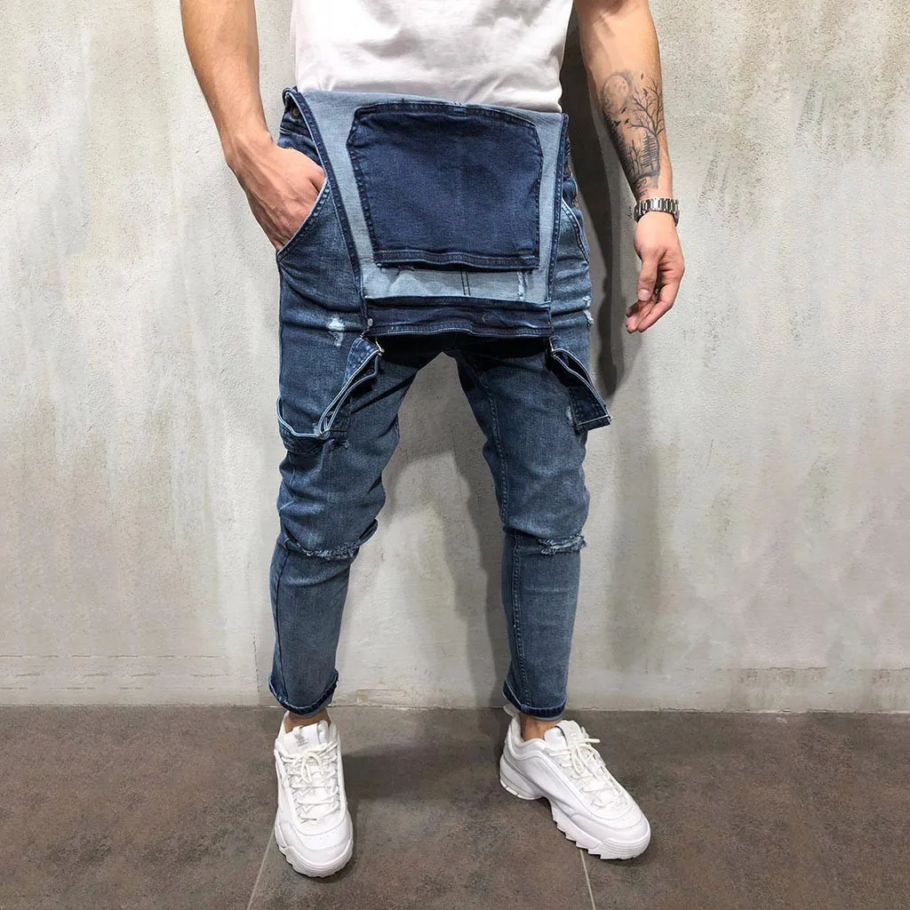 Nouveaux Hommes Jeans Pantalons Longs Global Casual Jumpsuit Jeans Wash Broken Pocket Pantalon Jarretelles Pantalons Hommes Vêtements 201117