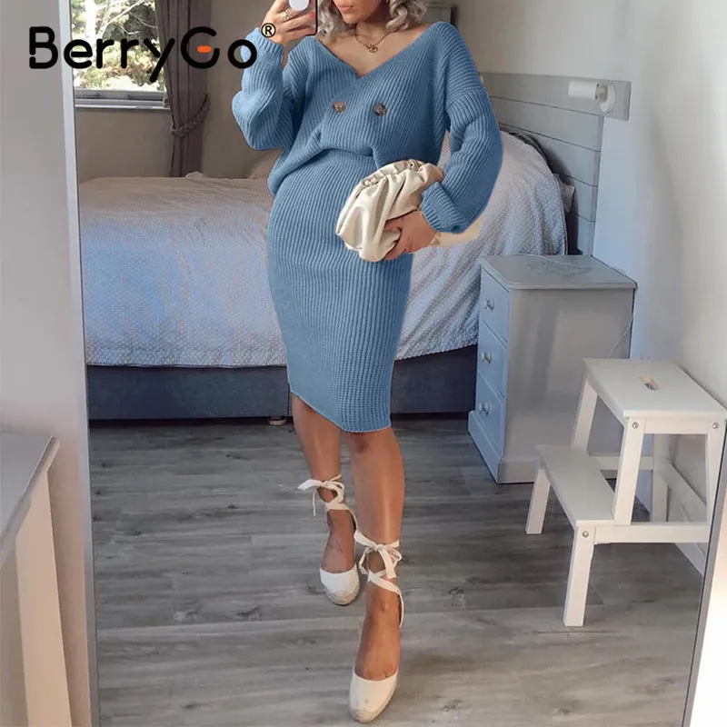 Berrygo Sexy V-Neck Kobiety Dzianiny Spódnicy Garnitury Jesień Zimej Z Długim Rękawem Dwuczęściowy Dress Elegancka Party Sweter Sukienka Niebieski LJ200814